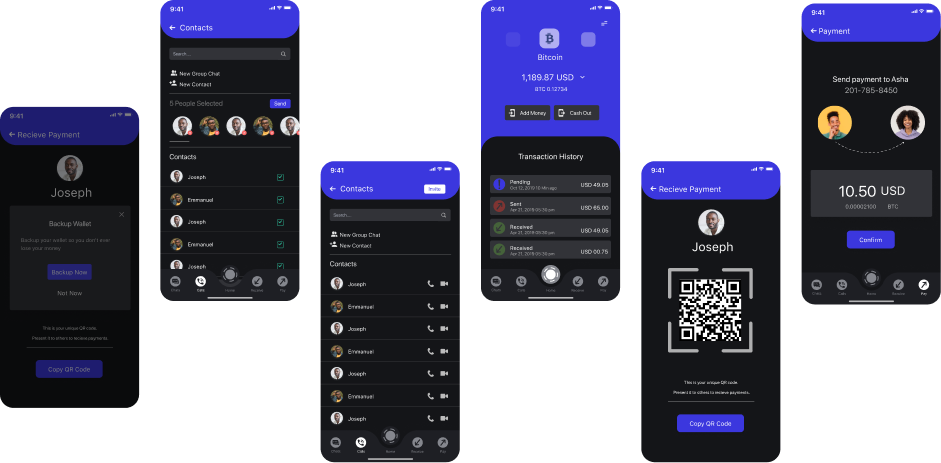 Amaano app screens: contacts, wallet and payments
